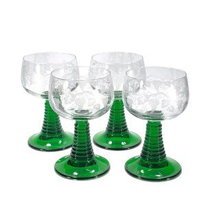 4 France Luminarc German Roemer Wine Glass Etched Grapes Beehive Green Stem